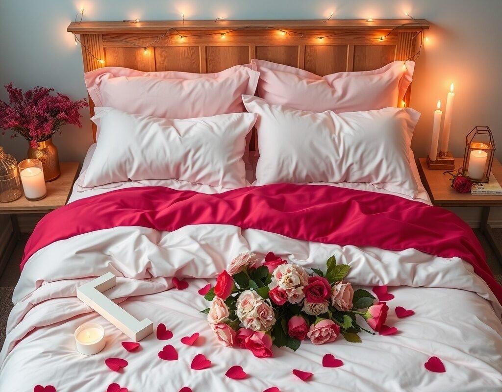 pink and red bedding accents