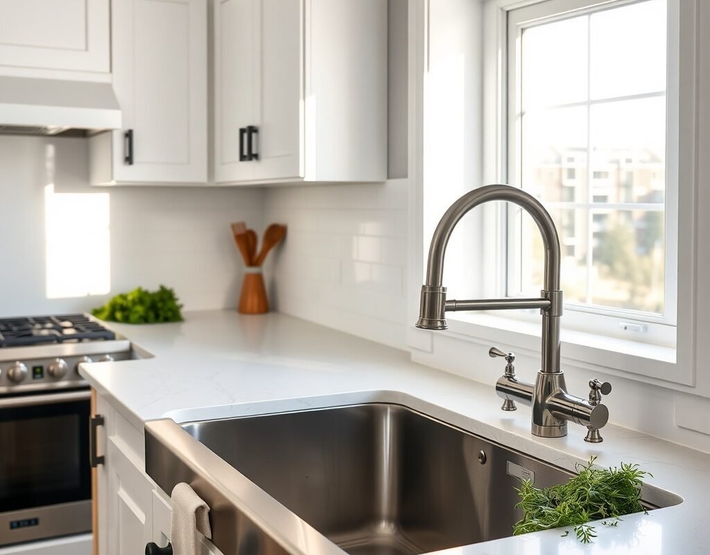 styled with white cabinets and black hardware