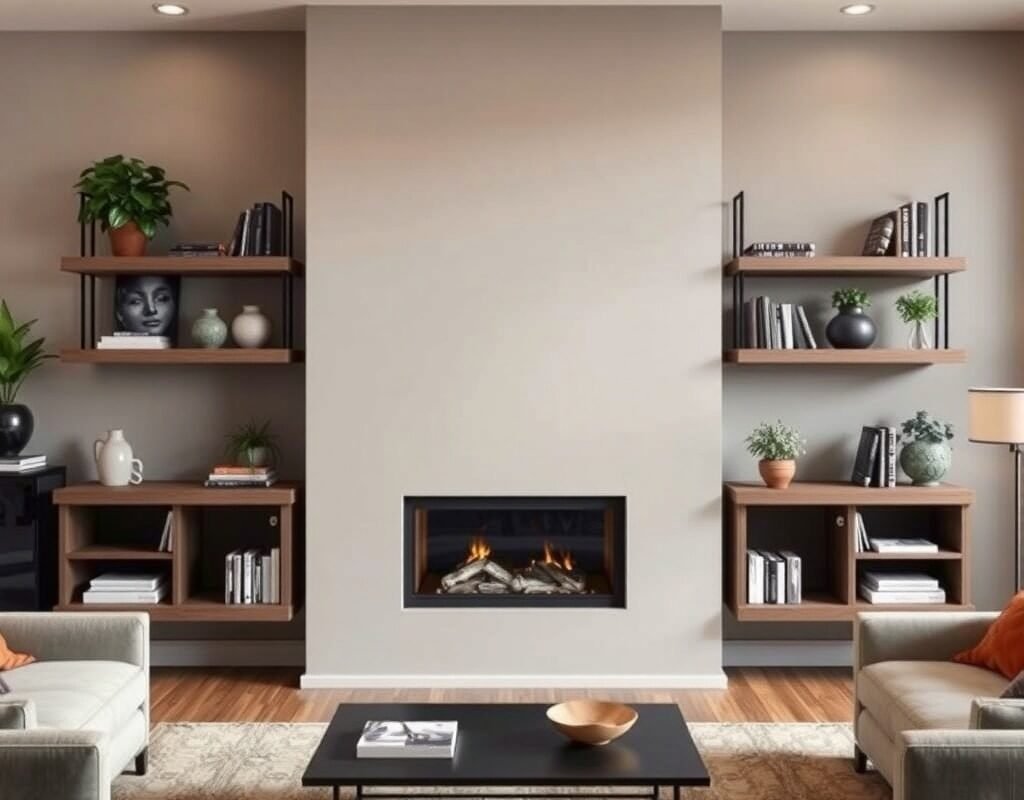 symmetrical shelves on both sides of a fireplace
