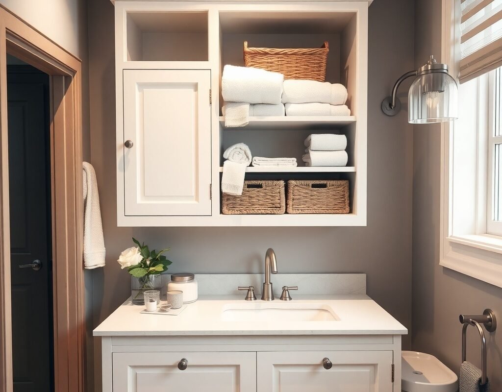 vanity with built in linen tower