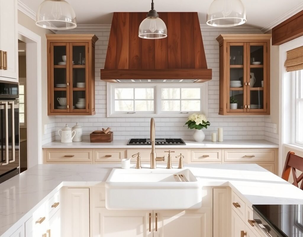 Farmhouse Sink With Quartz Counters And Subway Tile