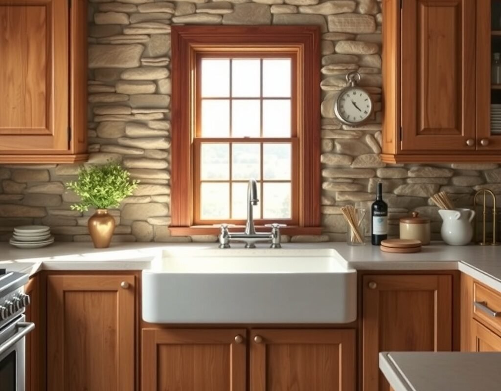 Rustic Stone Or Brick Backsplash Behind The Sink