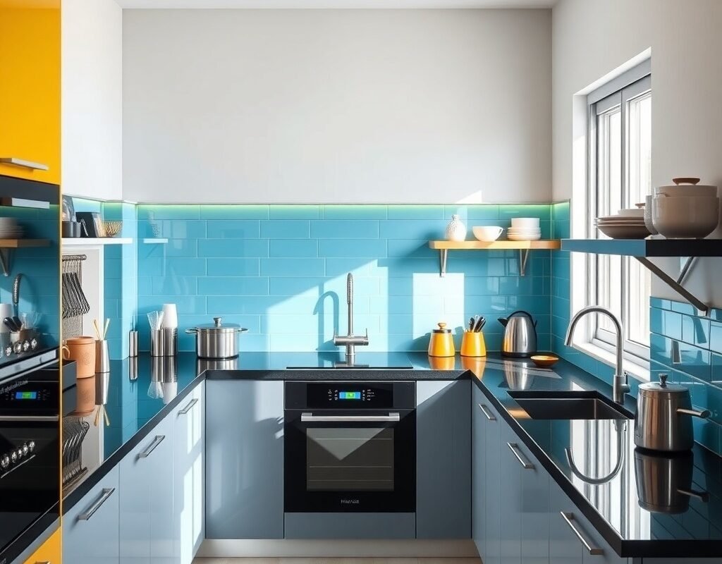 bold color backsplash black countertops