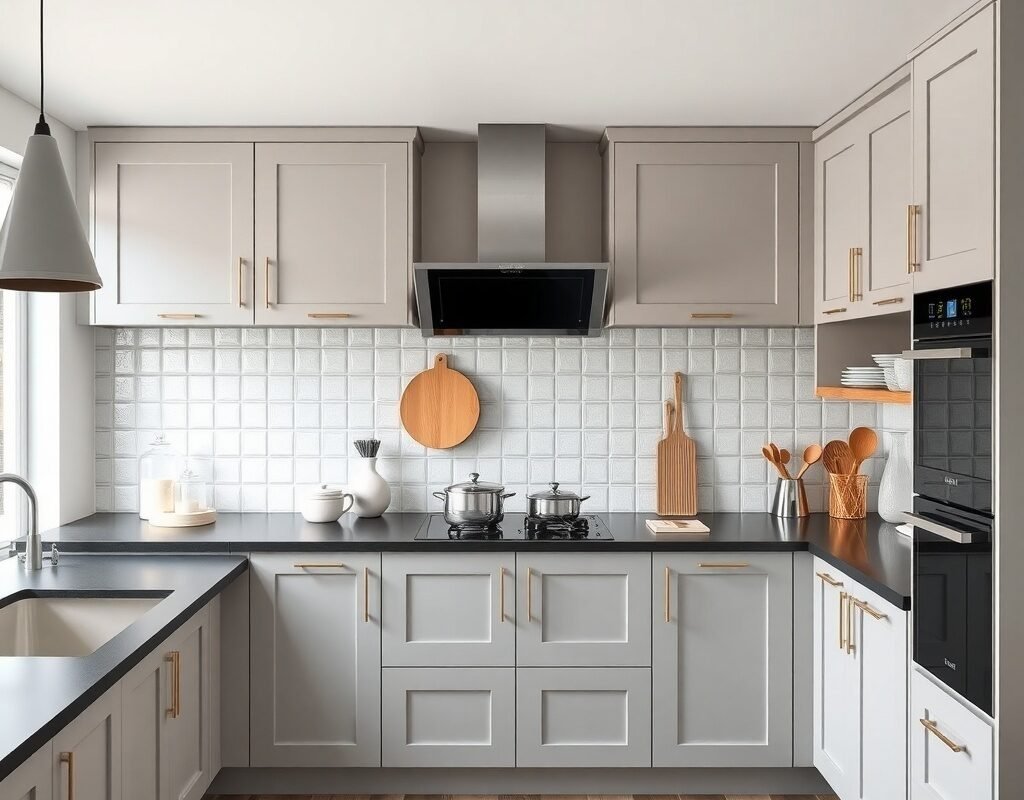 light gray cabinets black counters
