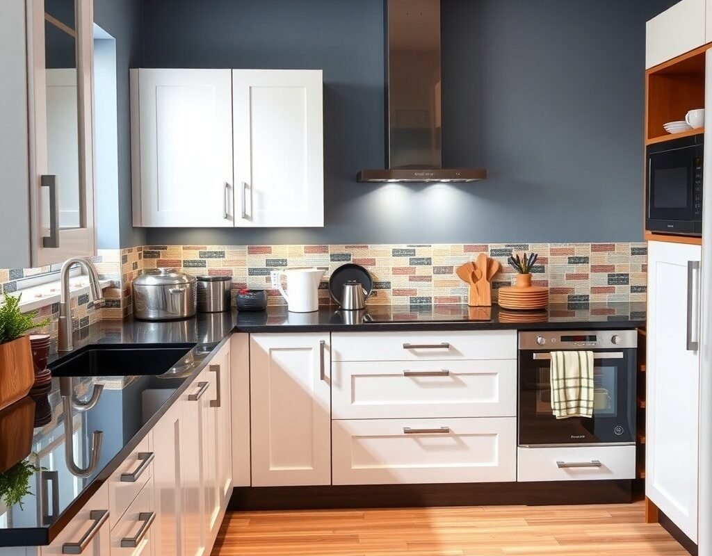 white cabinets black countertops