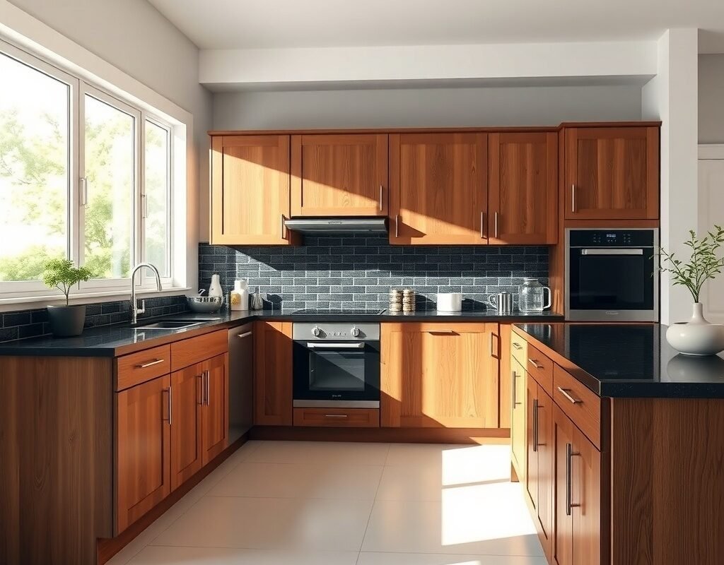 wood cabinets black countertops