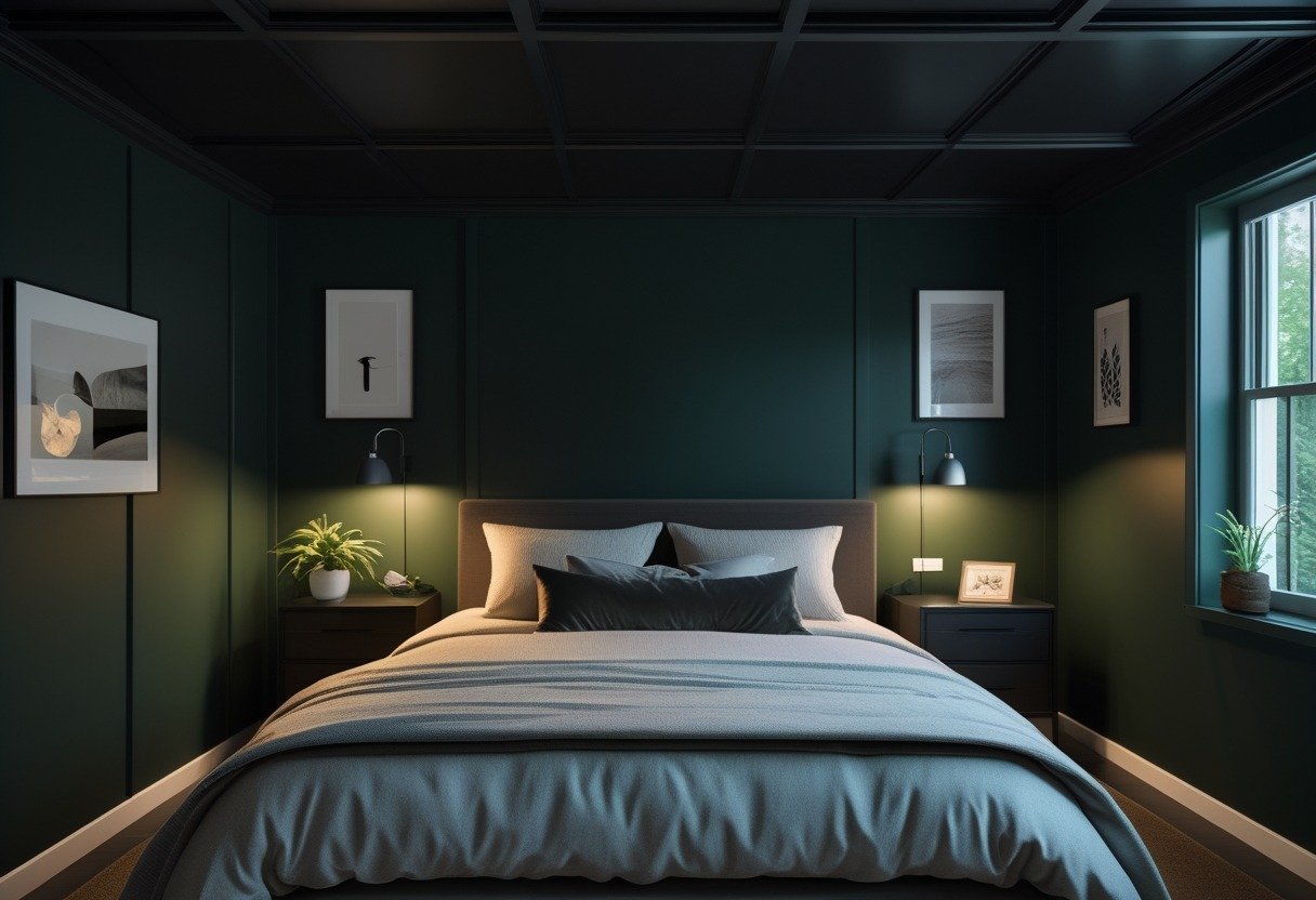 A bedroom with a black ceiling and dark green walls, featuring a bed with neutral bedding and soft lighting.