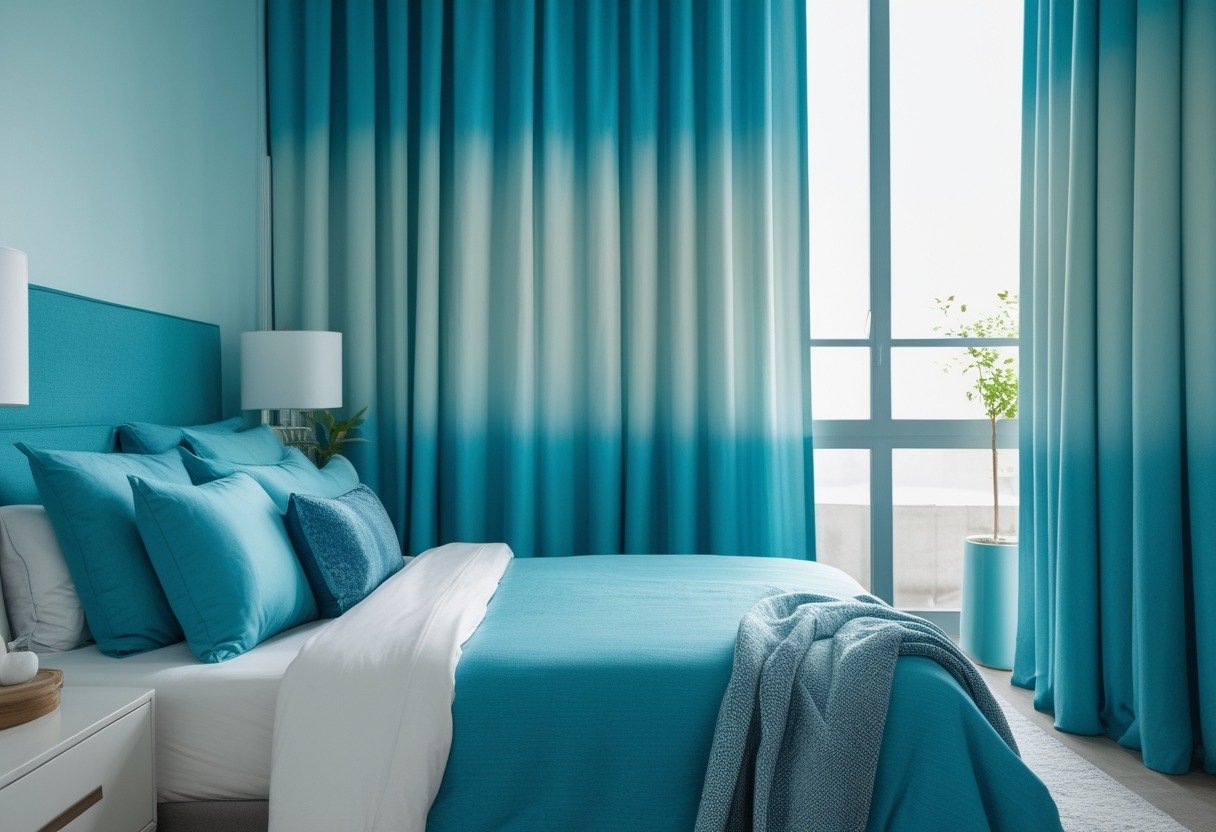 A bedroom with turquoise ombré curtains hanging beside a window, a bed with blue and white pillows, and modern furniture.