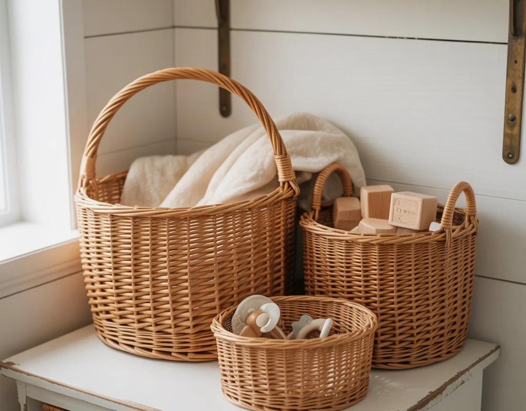 Add Wicker Baskets for Storage and Texture