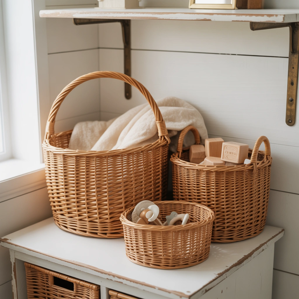 Add Wicker Baskets for Storage and Texture