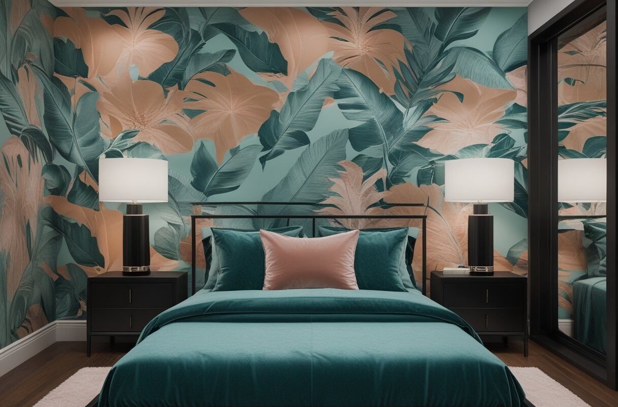 Bold Wallpaper Behind a Black Bed Frame