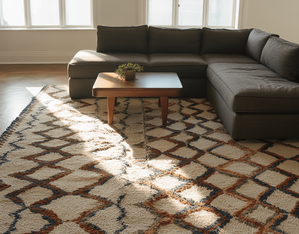 Choose a Statement Rug Under the Charcoal Couch