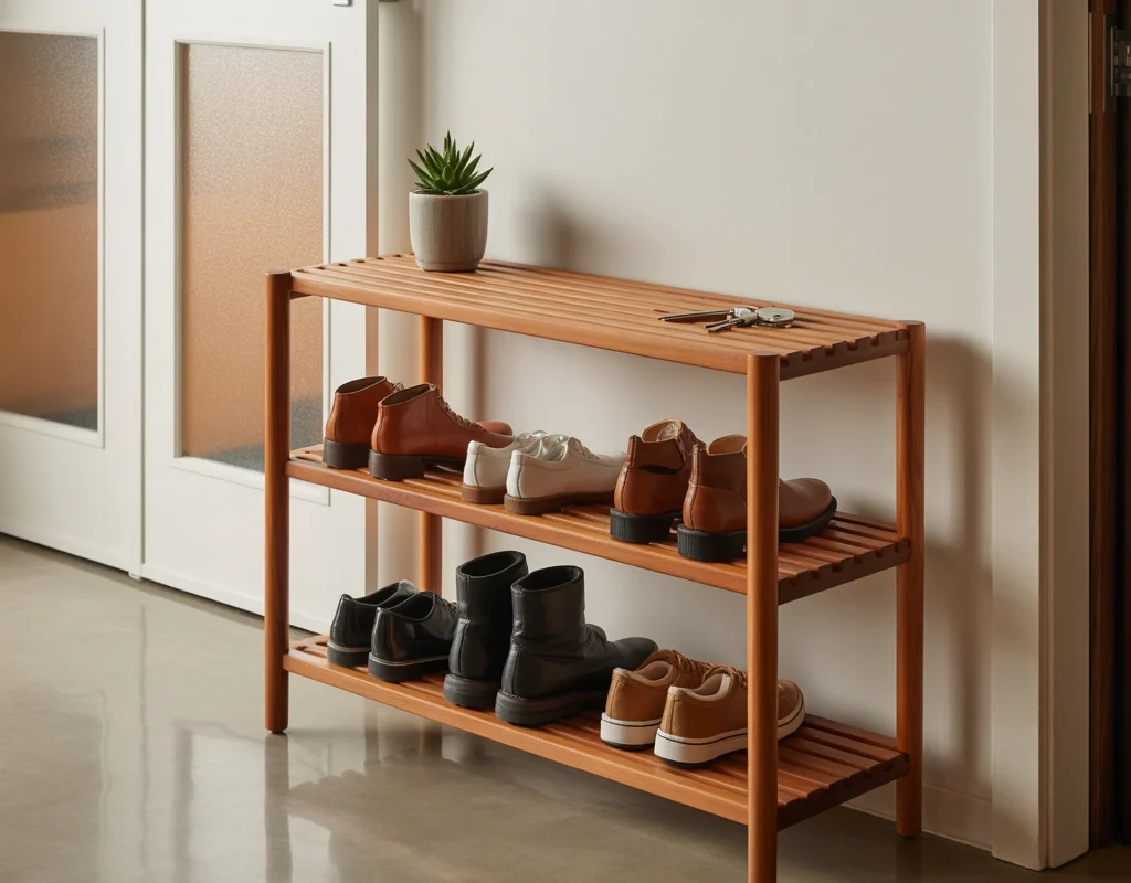 Classic Wooden Entrance Shoe Rack Design for a Warm Welcome