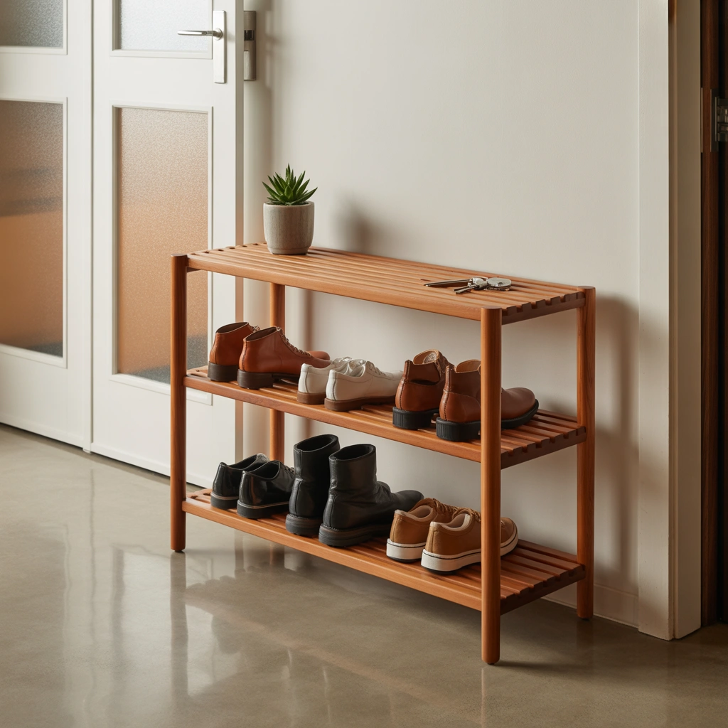 Classic Wooden Entrance Shoe Rack Design for a Warm Welcome