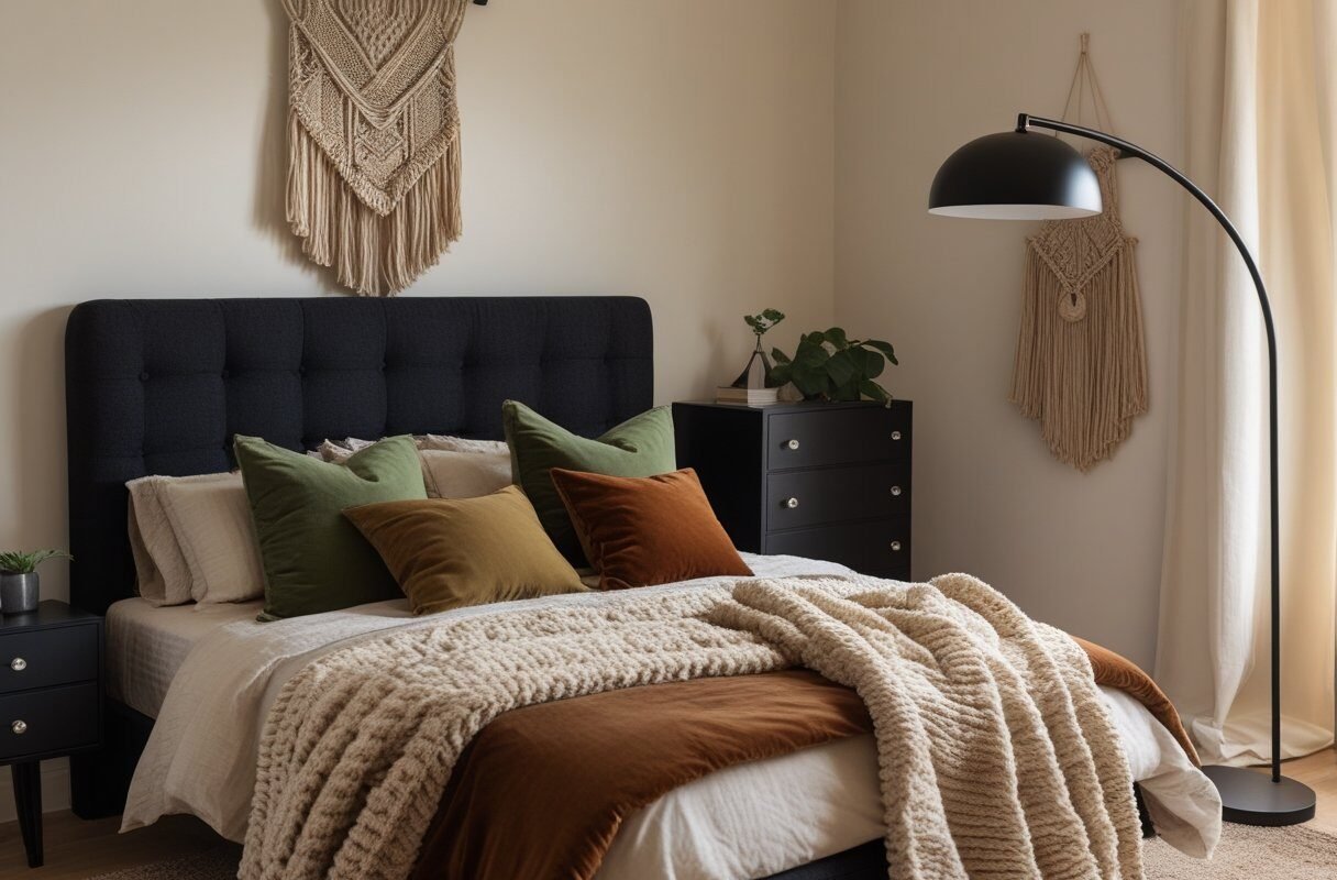 Cozy Textural Layering with a Black Upholstered Headboard