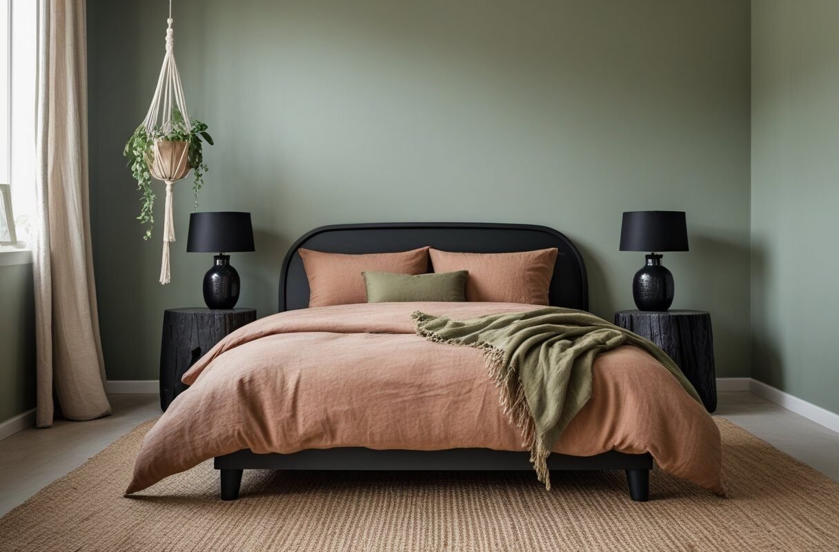 Earthy Terracotta and Sage Green with Matte Black Furniture