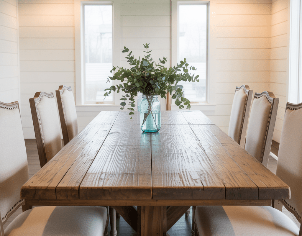 Elegant Farmhouse Dining Room Table with Upholstered Chairs