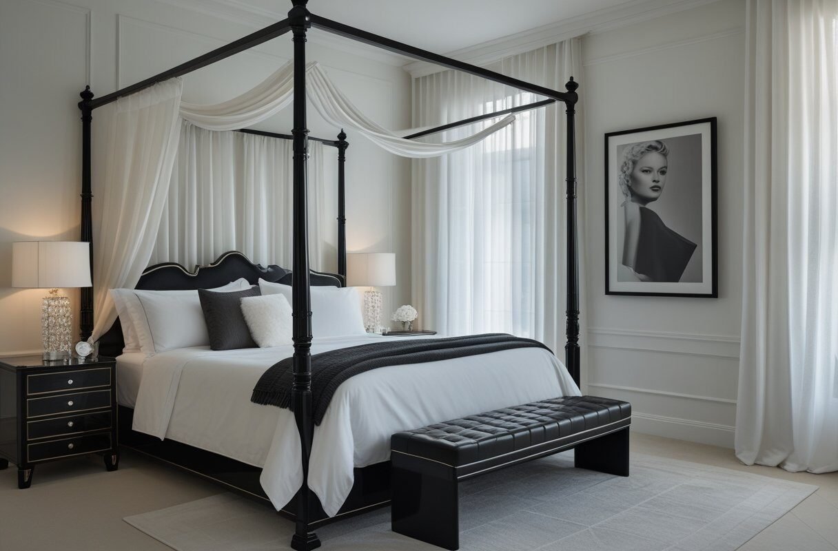Hotel Luxury with a Black Four Poster Bed and Sheer Draping