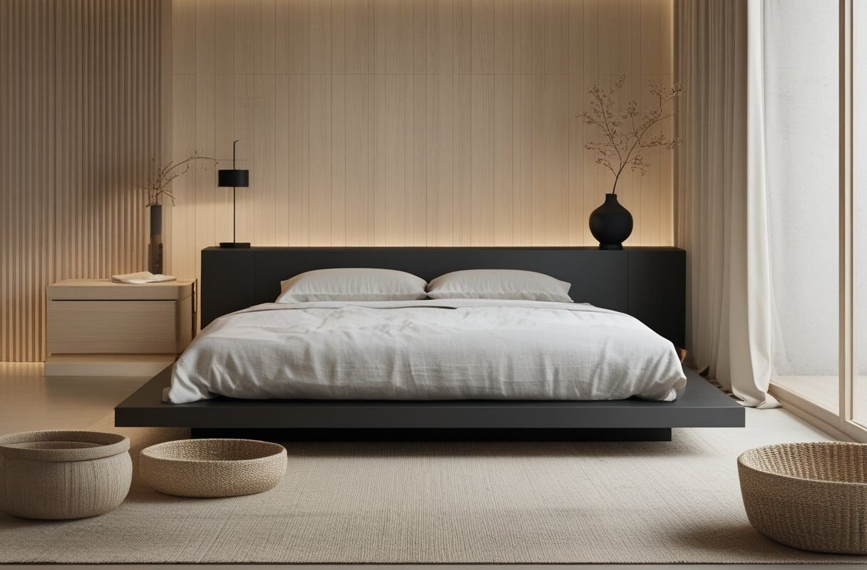 Japandi Serenity with a Black Low Profile Bed and Natural Wood