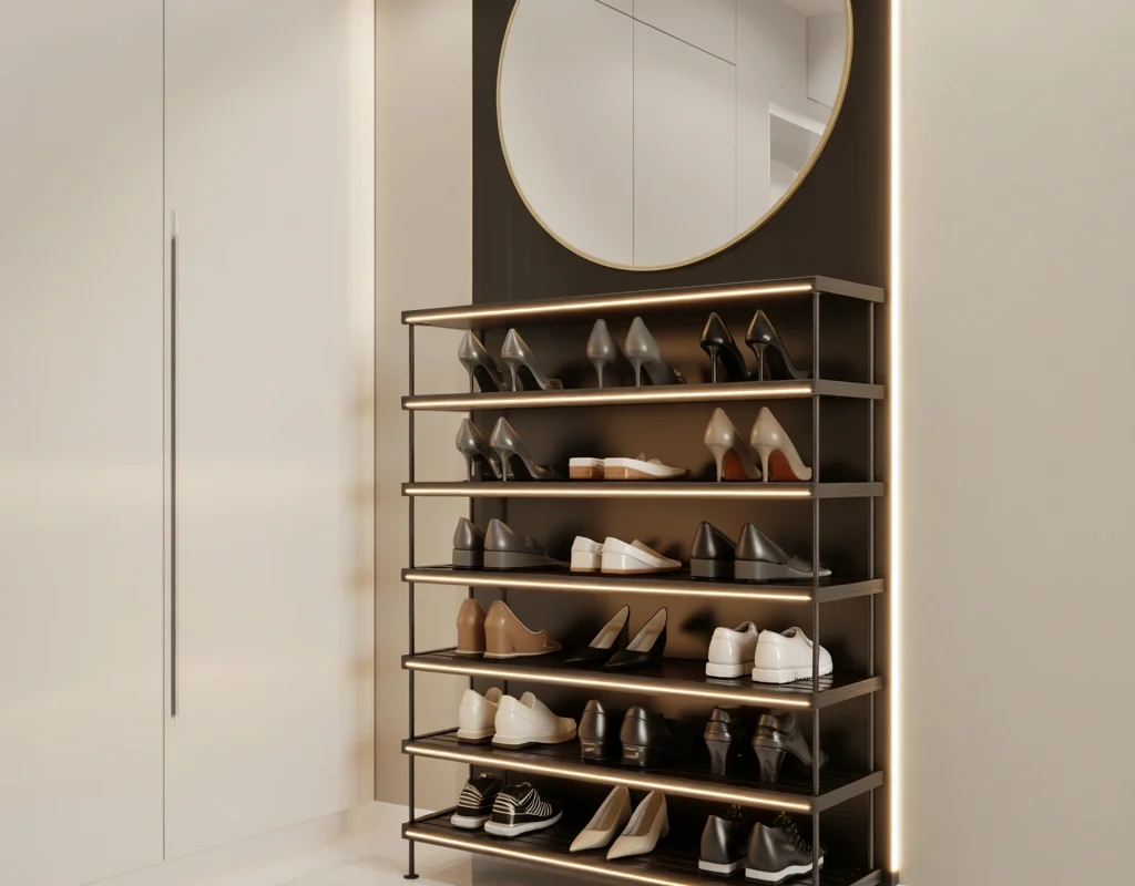 Luxury Entrance Shoe Rack with Mirror and Lighting