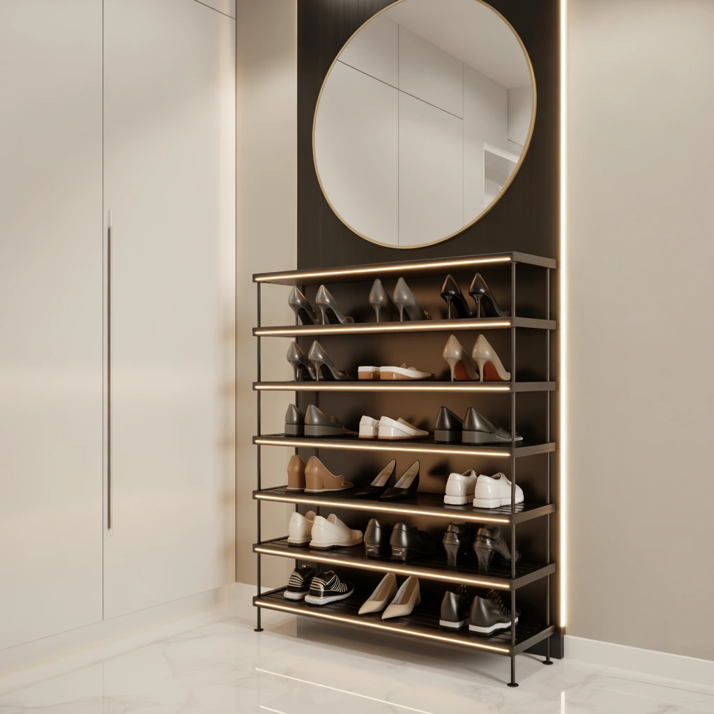 Luxury Entrance Shoe Rack with Mirror and Lighting
