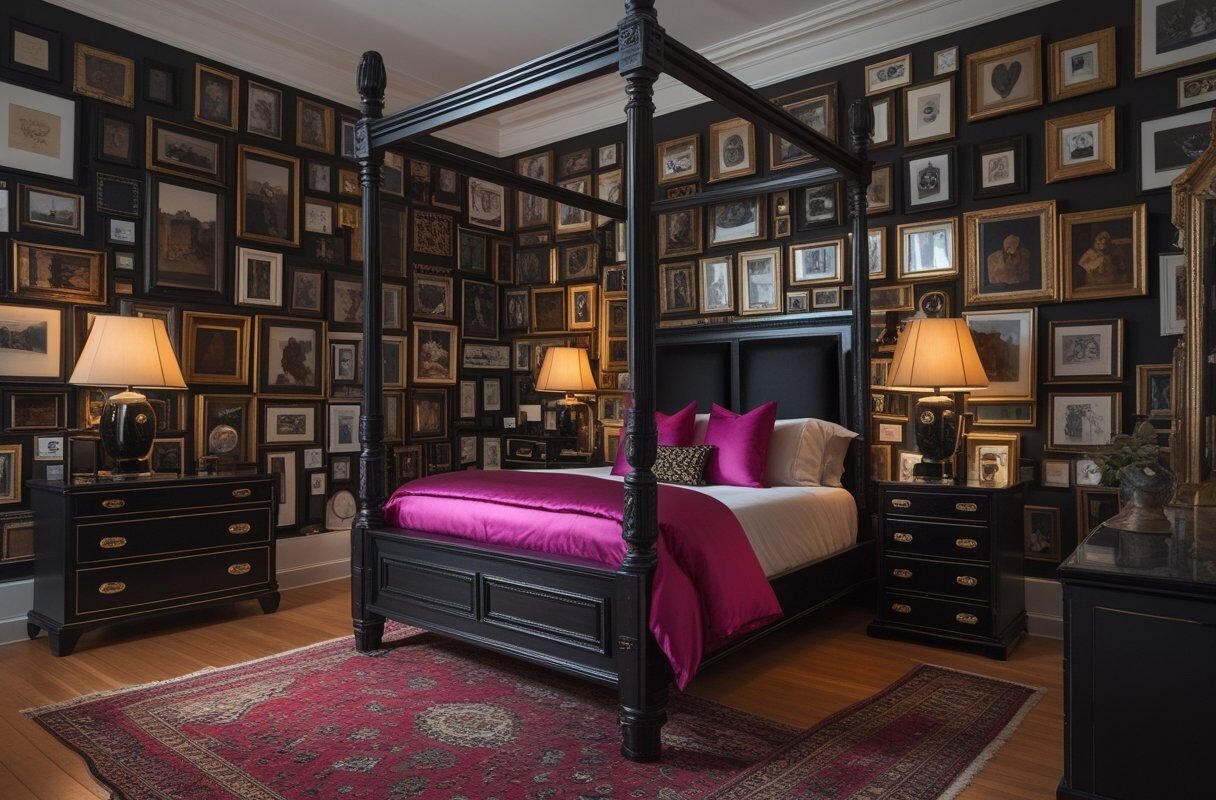 Maximalist Gallery Wall with a Black Canopy Bed