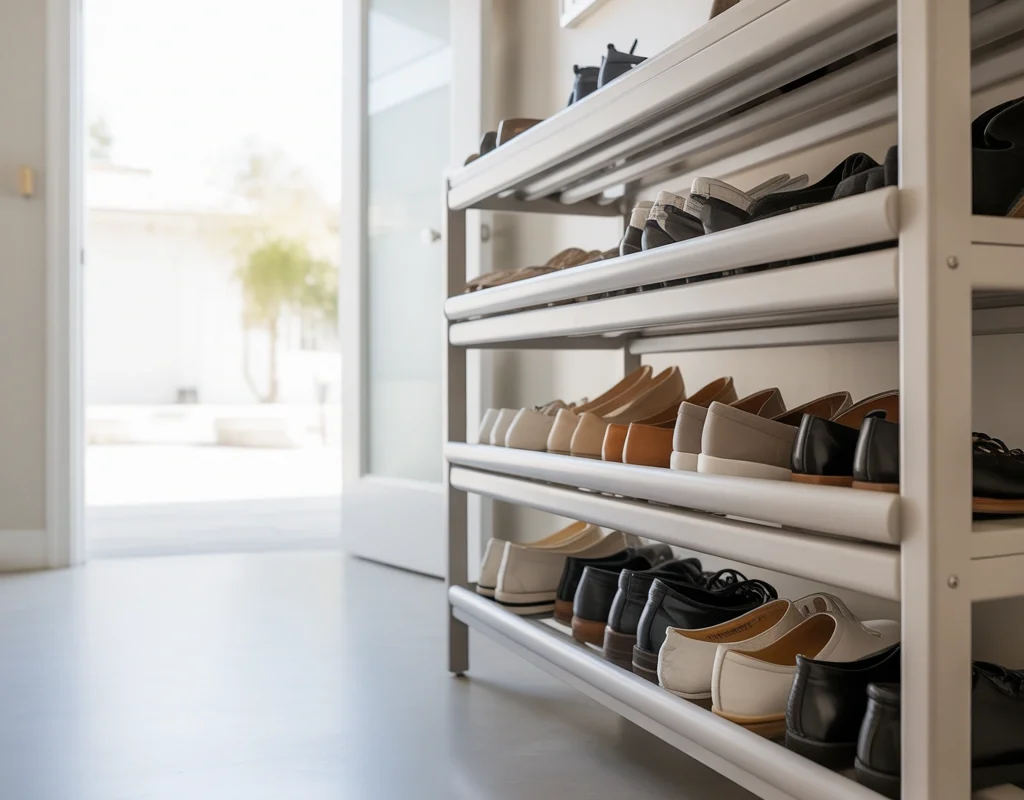 Minimalist White Shoe Rack for a Bright Entrance