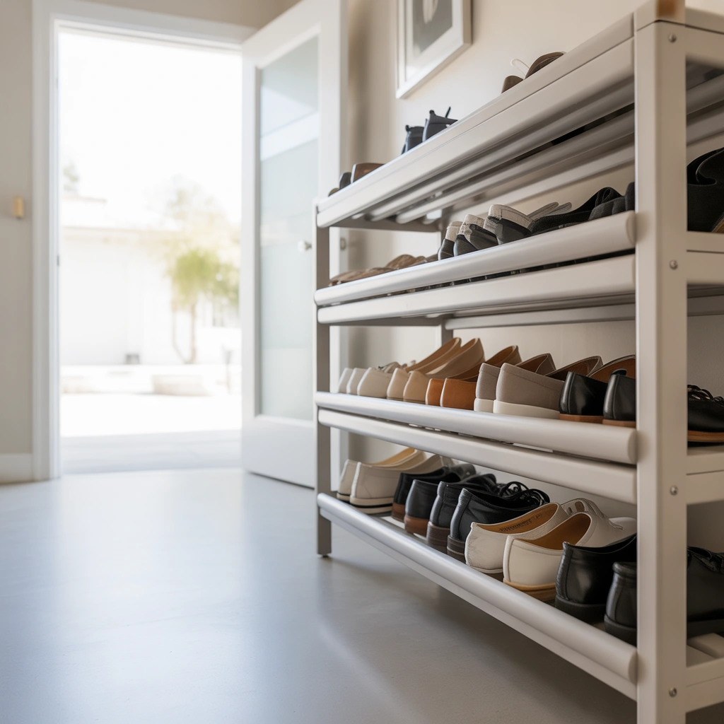 Minimalist White Shoe Rack for a Bright Entrance