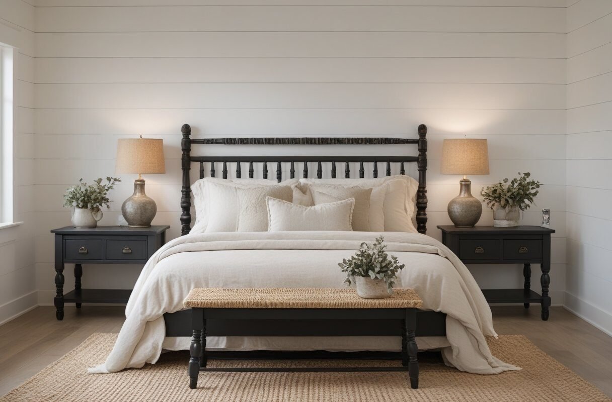 Modern Farmhouse with Black Wood Furniture and Neutral Linens