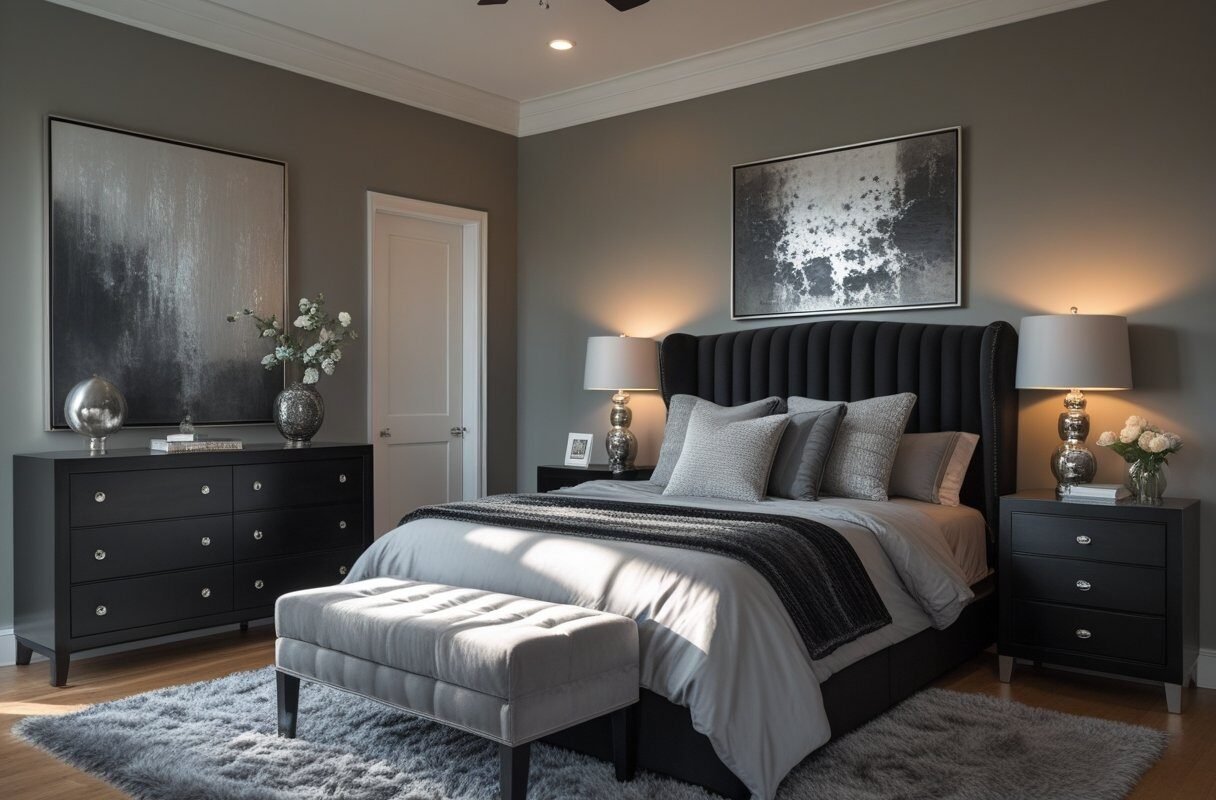 Monochromatic Gray Bedroom with Black Furniture as the Anchor
