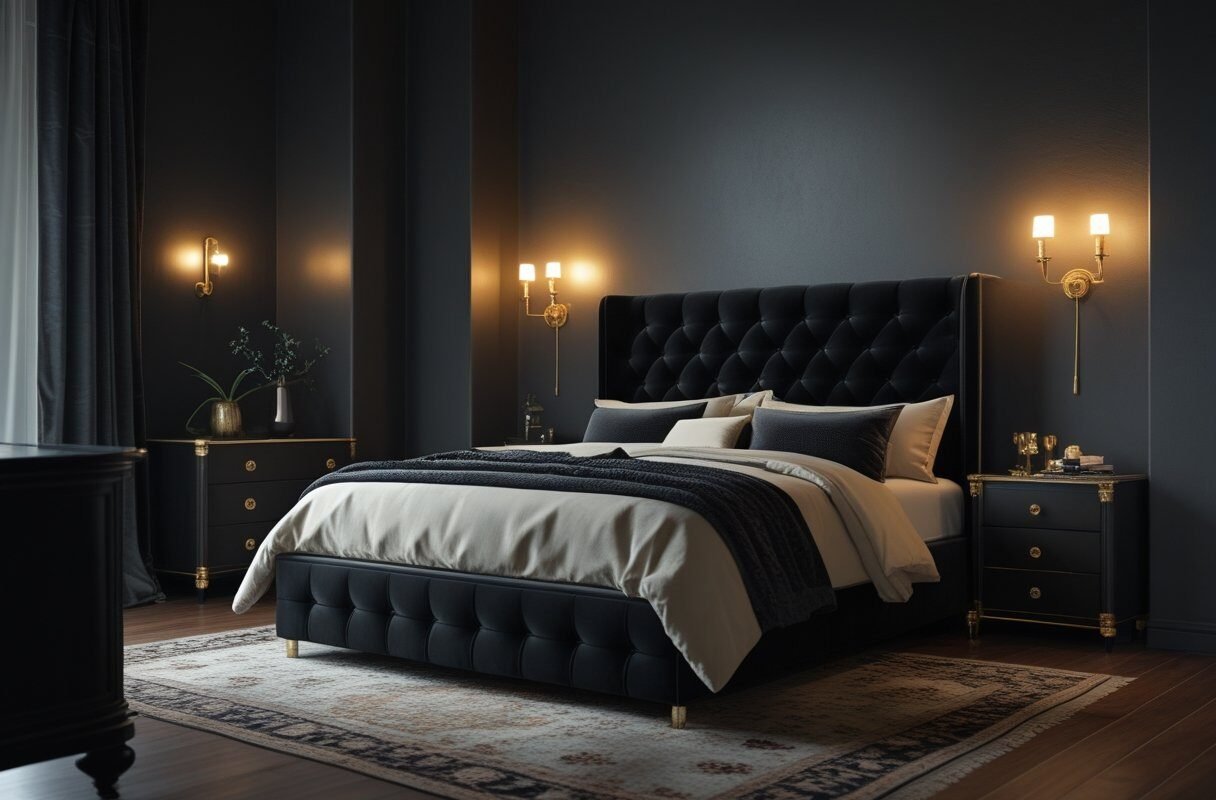 Moody Cocoon with Deep Charcoal Walls and Black Furniture