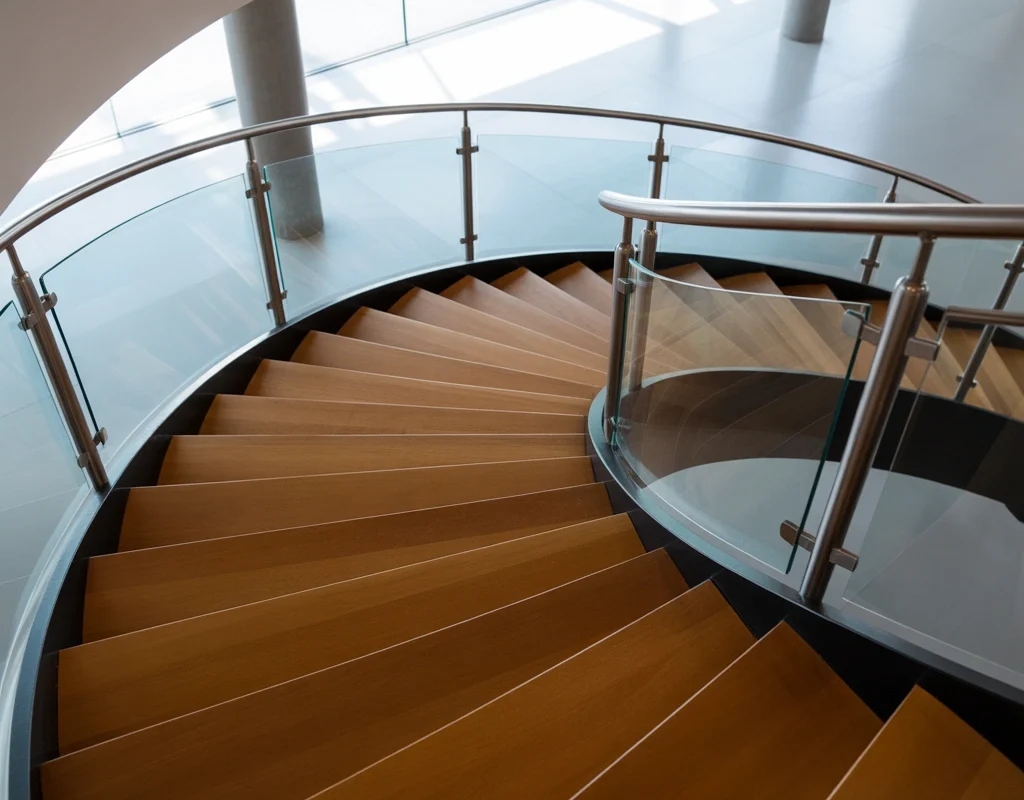 Spiral Wooden Steps with Glass Railing