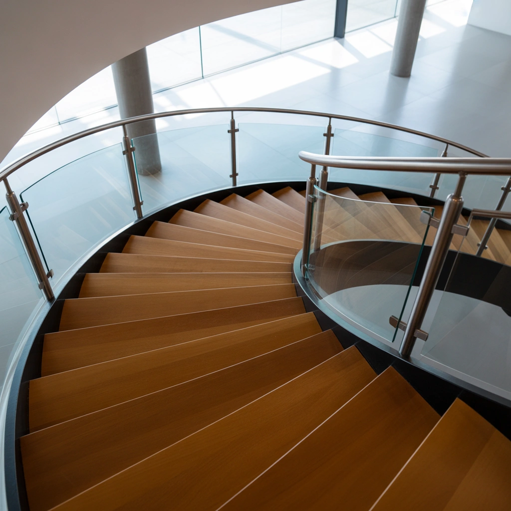 Spiral Wooden Steps with Glass Railing