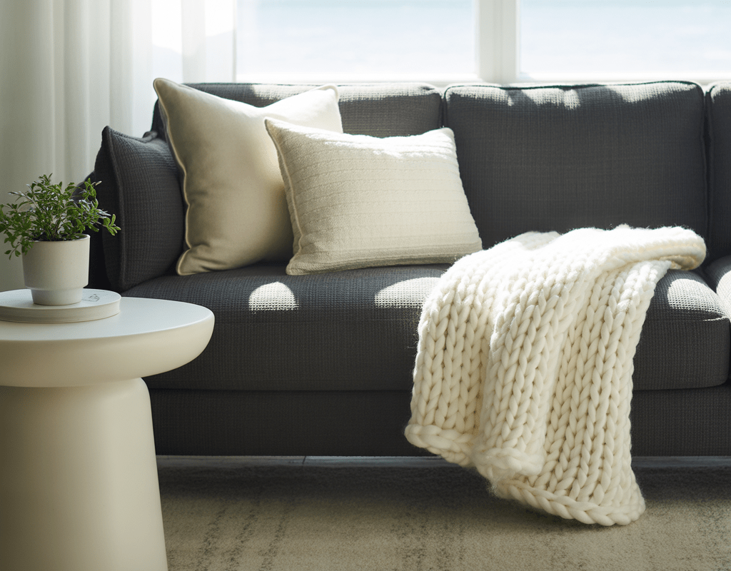 Style Your Charcoal Couch with Cream and White Accents