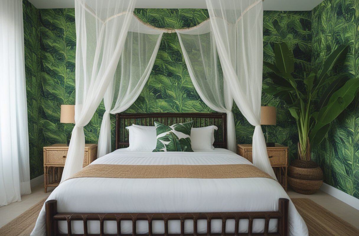 Tropical Oasis with Lush Greenery and Rattan