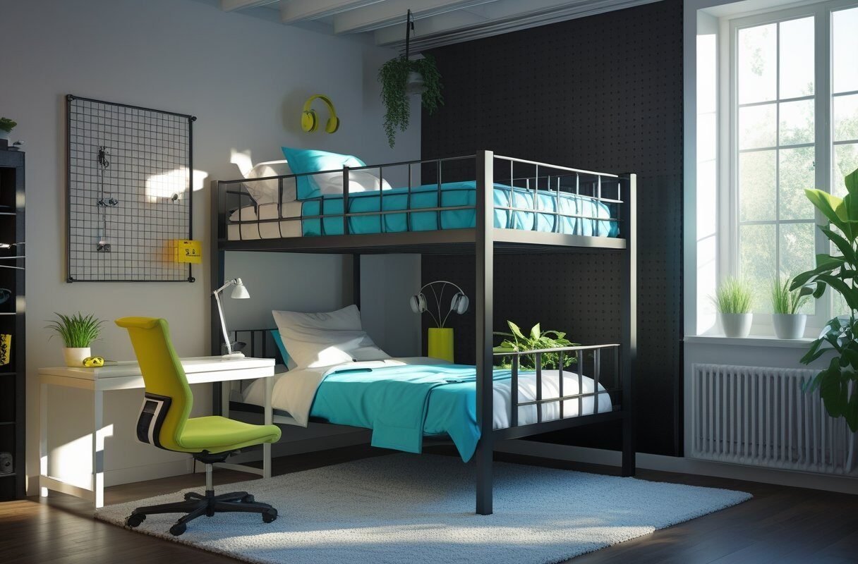 Youthful Edge with a Black Loft Bed and Functional Workspace
