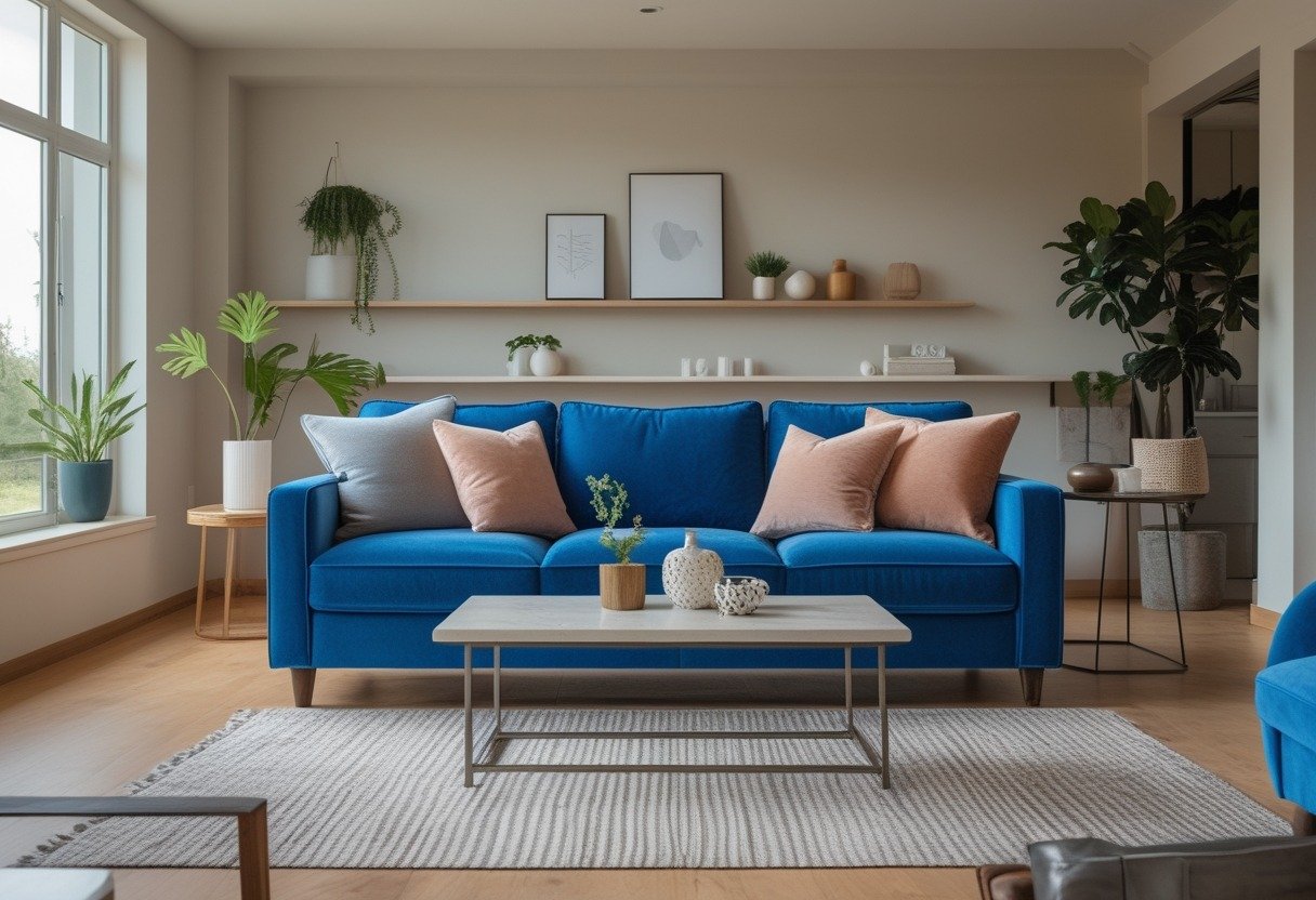 Living room with a blue couch, coffee table, plants, and natural light coming through large windows.