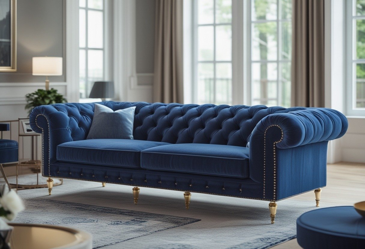A navy blue velvet sofa with brass legs in a bright living room with a coffee table and large windows.