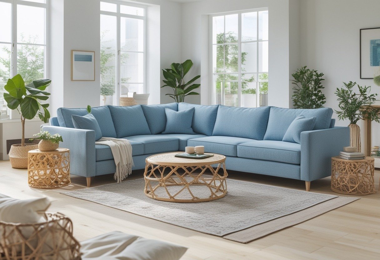 Living room with a sky-blue sectional sofa and rattan furniture, bright and inviting.