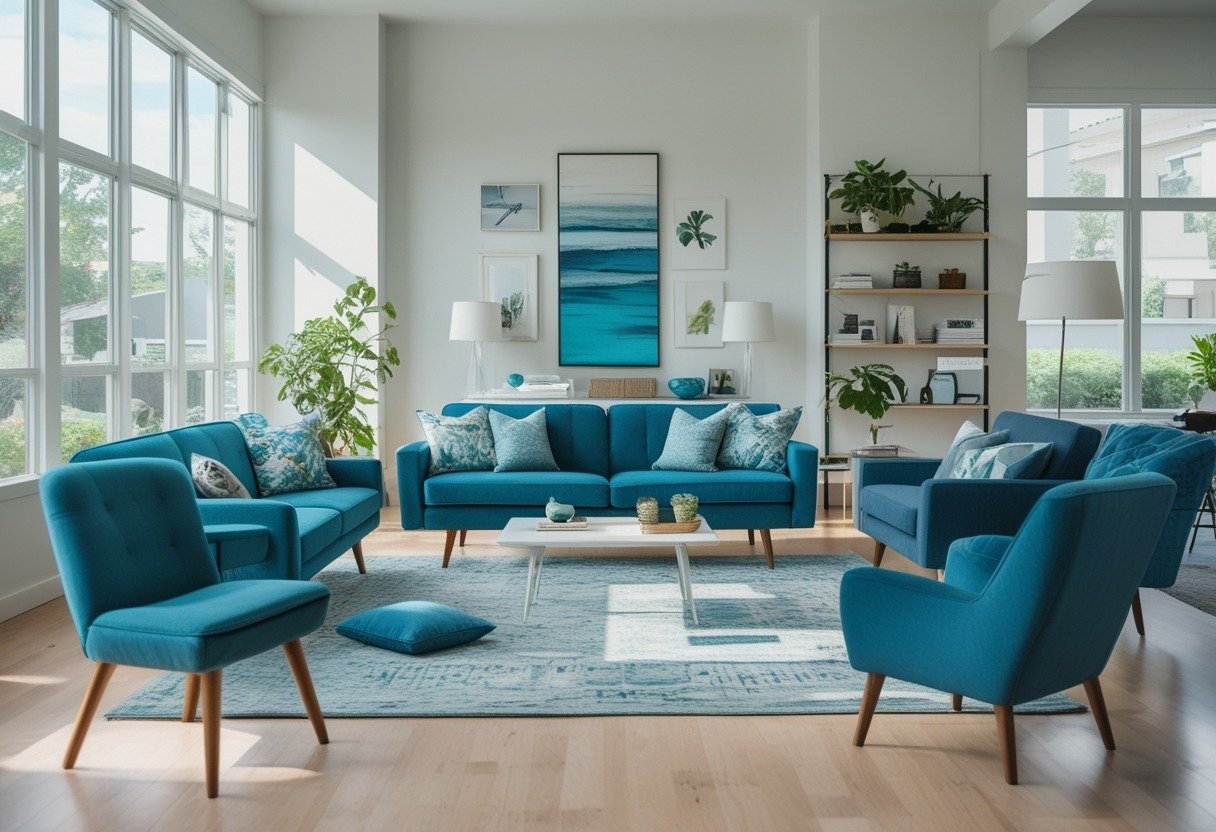 A bright living room with a teal sofa and several blue couches arranged around a coffee table with plants and decorations.