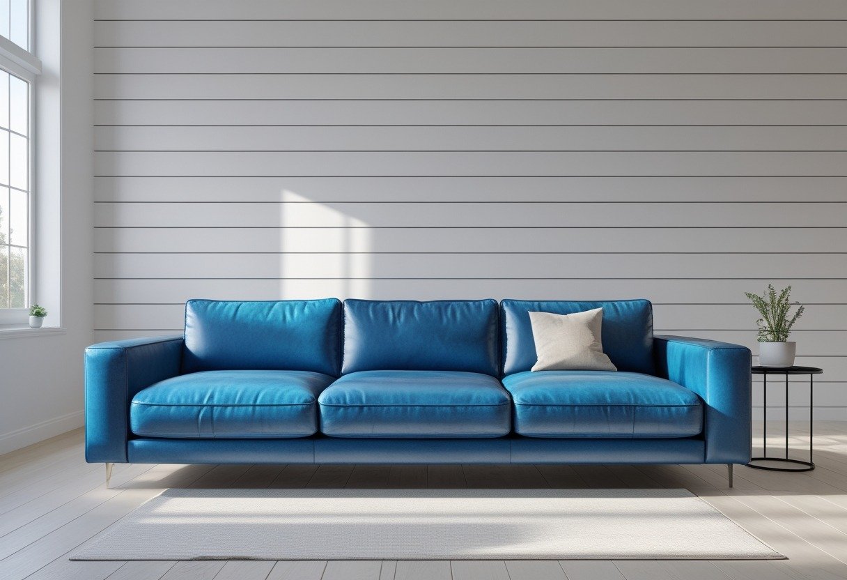 A cobalt blue leather sofa against a white wooden paneled wall in a living room.