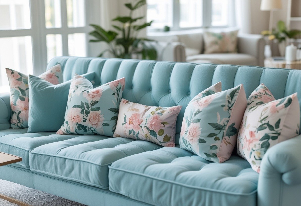 A pastel blue tufted sofa with floral throw pillows in a bright living room.