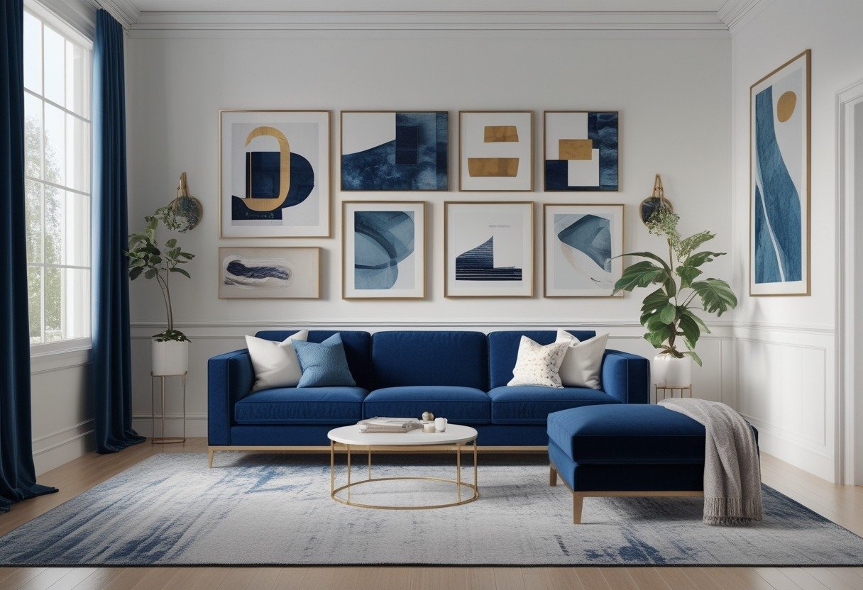 Living room with a deep indigo velvet sofa and a gold-framed art gallery wall behind it.