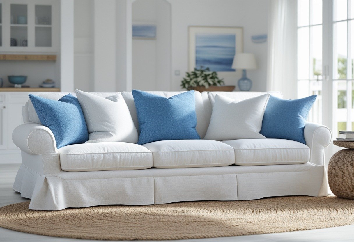 Living room with a blue and white slipcovered sofa on a jute rug under natural light.