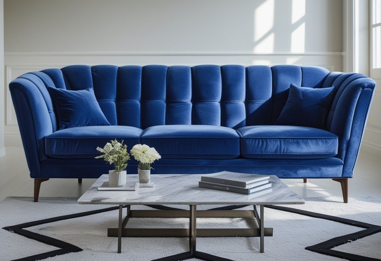 A royal blue velvet sofa centered on a geometric rug with a marble coffee table in front.