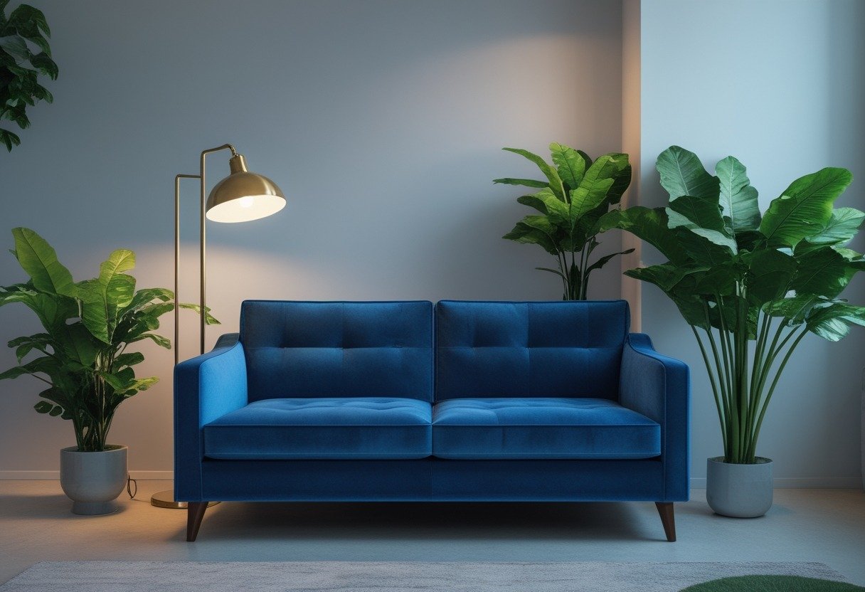 A living room with a blue velvet sofa, a brass floor lamp, and green plants around the sofa.