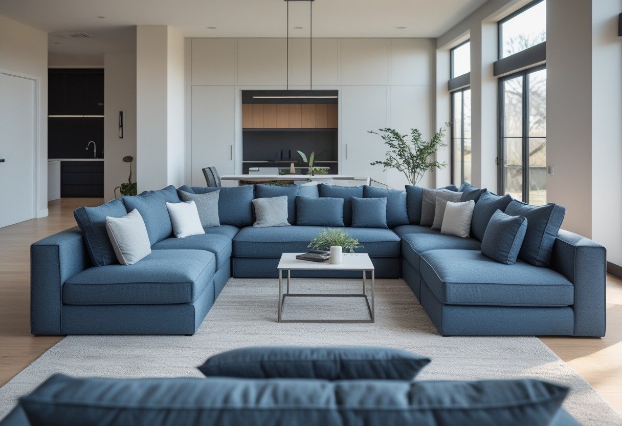 An open living room with a slate-blue modular sofa arranged around a coffee table, with large windows and an open kitchen in the background.