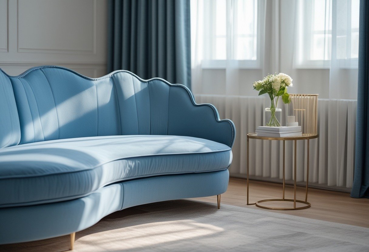 Living room with a curved blue sofa and brass side tables near large windows with natural light.