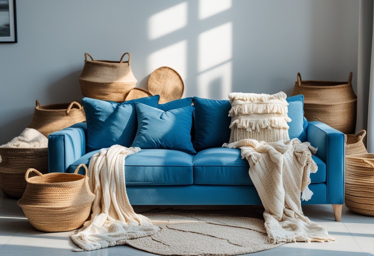 Living room with an azure blue sofa covered in cream throws and surrounded by woven baskets.