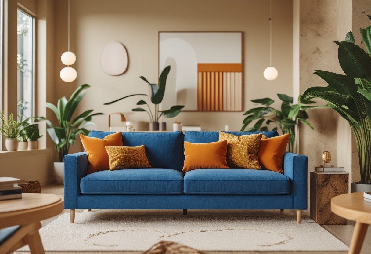 A living room with a blue couch, beige walls, wooden furniture, and decorative pillows, illuminated by natural light from large windows.